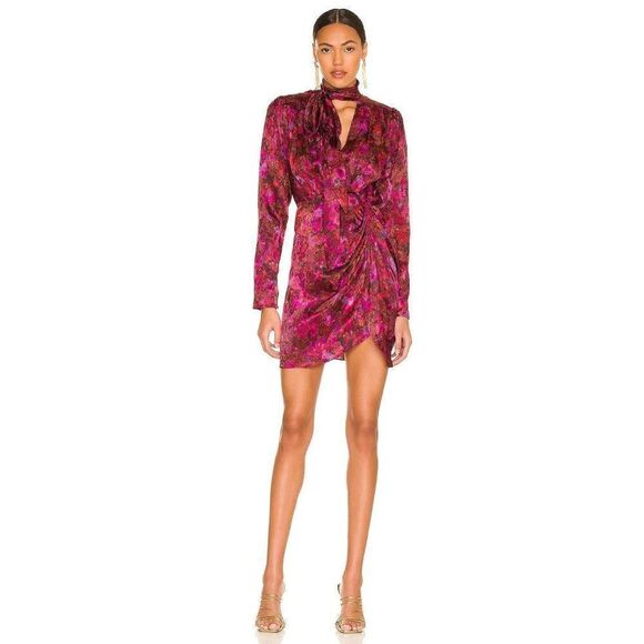 NEW Ronny Kobo Scarlett Pink Lula Silk Floral Tie Neck Ruched Cocktail Dress XS - Picture 1 of 8